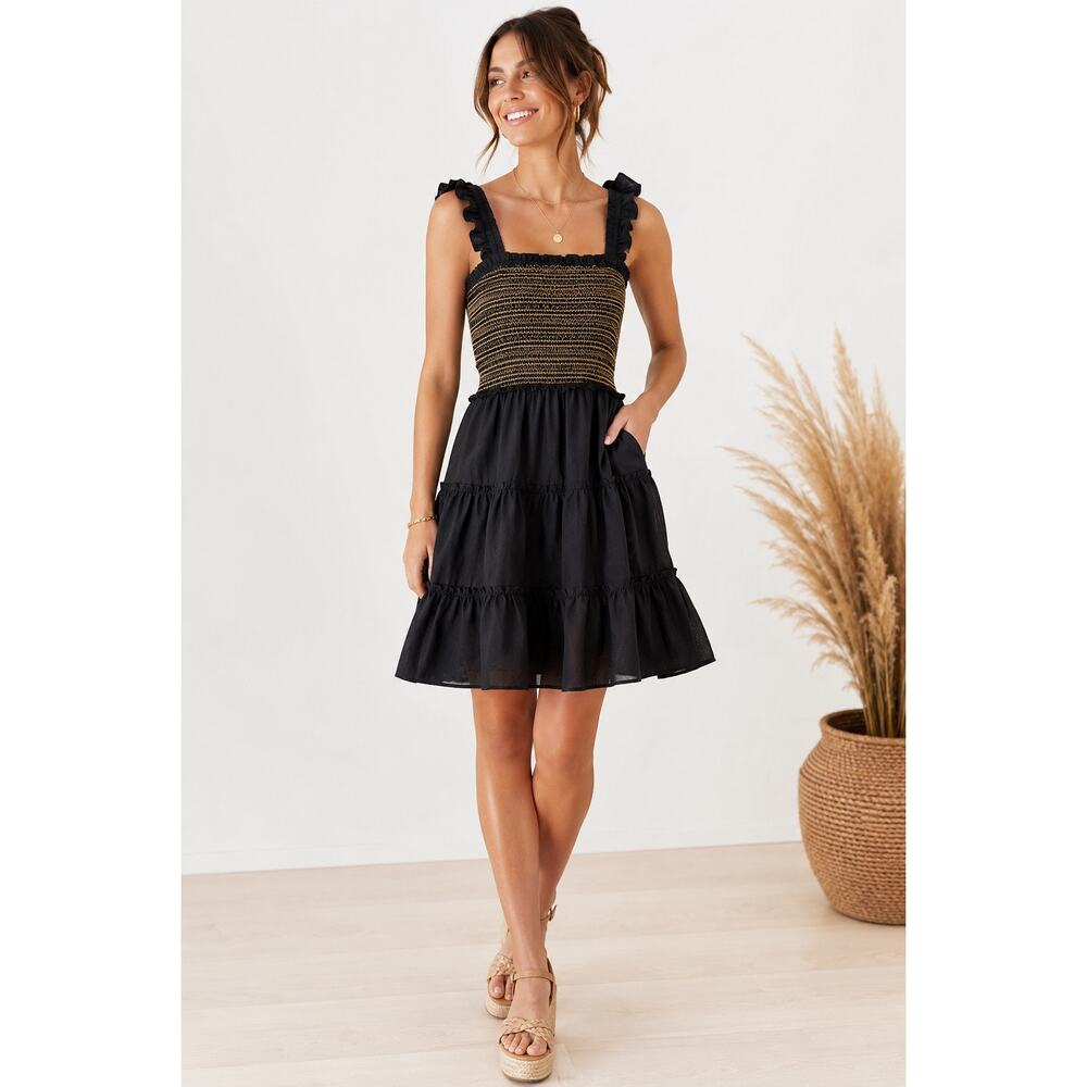 J.Crew Black Gold Smocked Tiered Mini Dress Ruffle Strap Boho Small